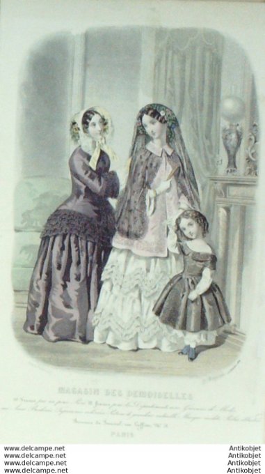 Gravure Mode Magasin Demoiselles 1850 # 10B (aquarellee Old Fashion plate)