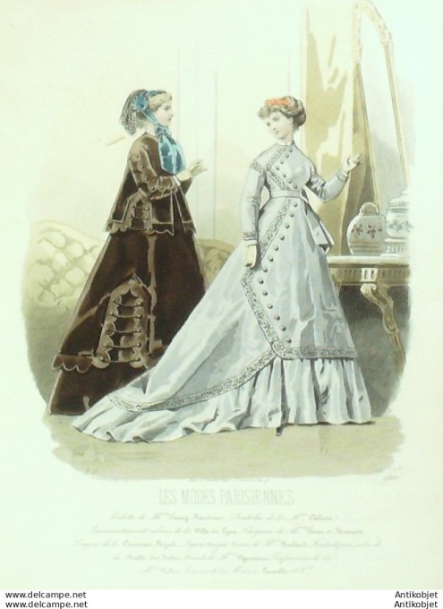 Gravure Les Modes Parisiennes 1865 #1293 Robes velours Maison Bardenet Chien