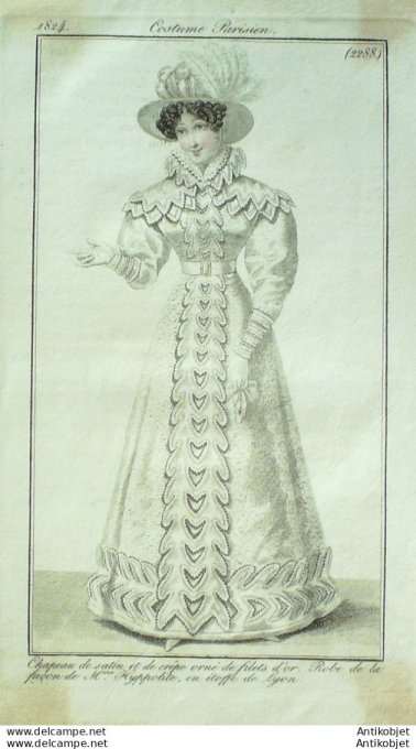 Gravure de mode Costume Parisien 1824 n°2288 Robe d'étoffe de Lyon