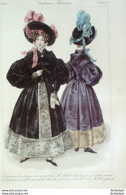 Gravure de mode Costume Parisien 1831 n°2937 Redingote de satin garnie