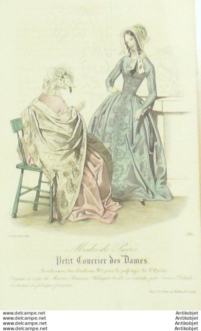 Gravure Mode Courrier des Dames 1842 # 1860 (eau forte old Fashion plate)