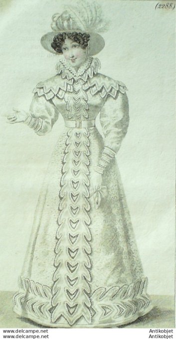 Gravure de mode Costume Parisien 1824 n°2288 Robe d'étoffe de Lyon