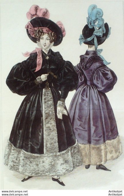 Gravure de mode Costume Parisien 1831 n°2937 Redingote de satin garnie