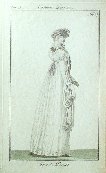 Gravure Mode Costume Parisien 1805 an 13 # 665 (eau forte old Fashion plate