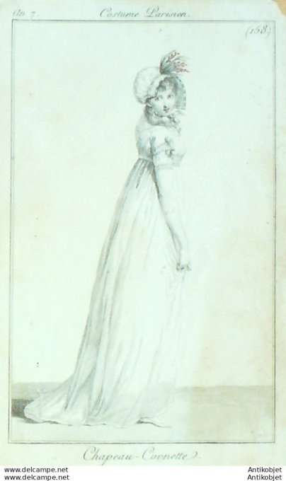 Gravure de mode Costume Parisien 1799 n° 58 (An 7) Chapeau Cornette