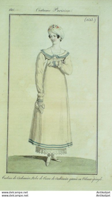Gravure de mode Costume Parisien 1815 n°1523 Robe tissu Cachemire et velours