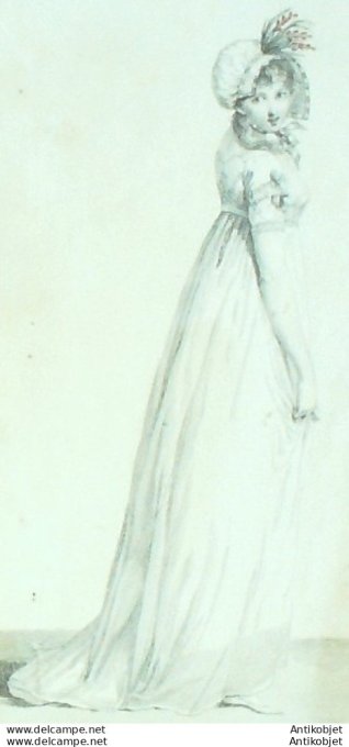 Gravure de mode Costume Parisien 1799 n° 58 (An 7) Chapeau Cornette