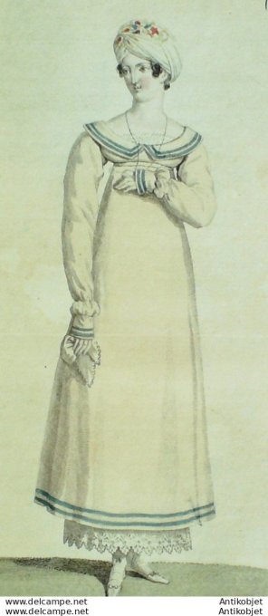 Gravure de mode Costume Parisien 1815 n°1523 Robe tissu Cachemire et velours