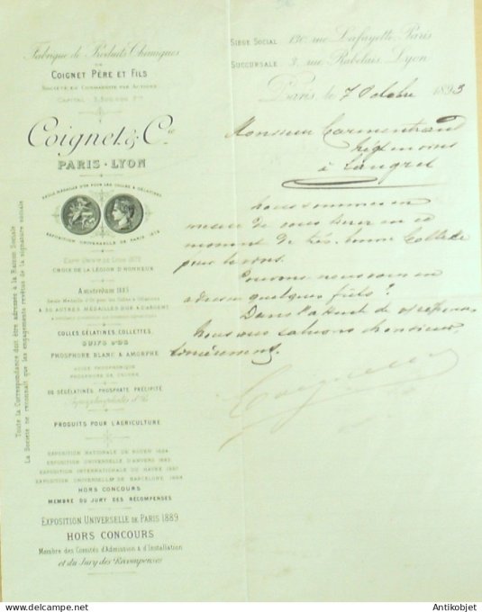 Lettre Ciale Coignet Cie (produits chimiques) 1893 à Paris 9