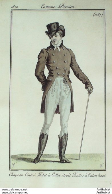 Gravure de mode Costume Parisien 1810 n°1067 Habit homme à collet étroit Bottes