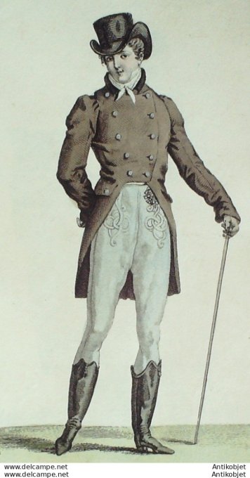 Gravure de mode Costume Parisien 1810 n°1067 Habit homme à collet étroit Bottes