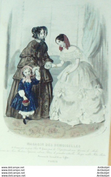 Gravure Mode Magasin Demoiselles 1850 # 11 (aquarellee Old Fashion plate)