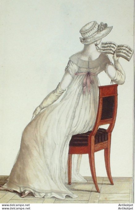 Gravure de mode Costume Parisien 1804 n° 569 (An 12) Tablier Robe Perkale
