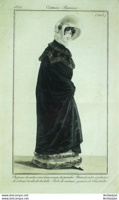 Gravure de mode Costume Parisien 1822 n°2115 Pelisse satin pélerine robe Mérinos