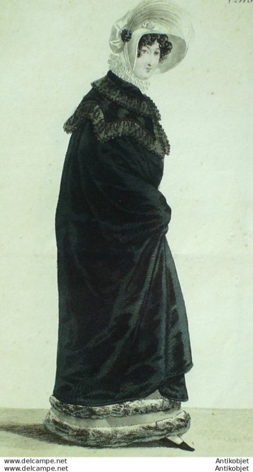 Gravure de mode Costume Parisien 1822 n°2115 Pelisse satin pélerine robe Mérinos