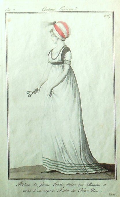 Gravure Mode Costume Parisien 1798 an  7 #  66 (eau forte old Fashion plate