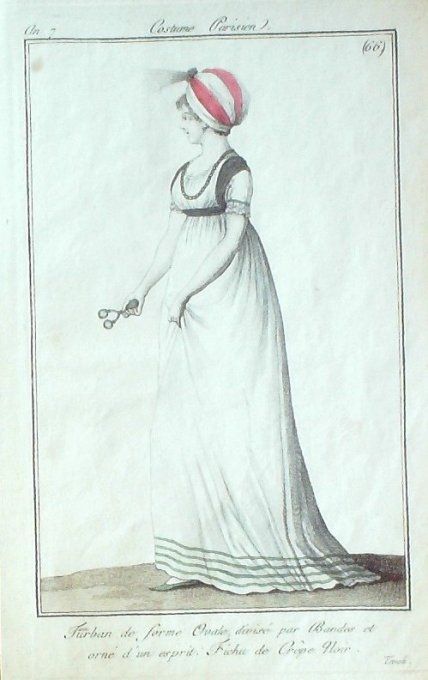 Gravure Mode Costume Parisien 1798 an  7 #  66 (eau forte old Fashion plate