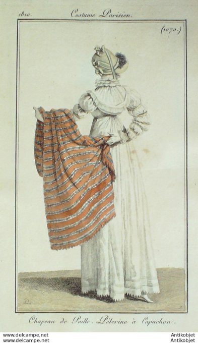 Gravure de mode Costume Parisien 1810 n°1070 Pélerine à capuchon