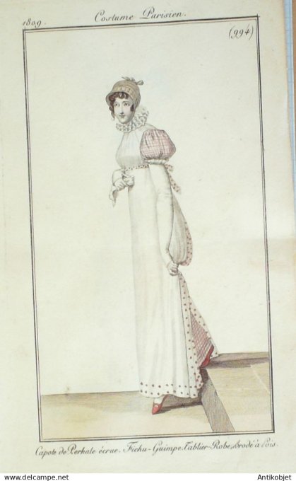 Costume Parisien 1809 # 994 (eau forte) Fichu Guimpe Tablier Robe brodée
