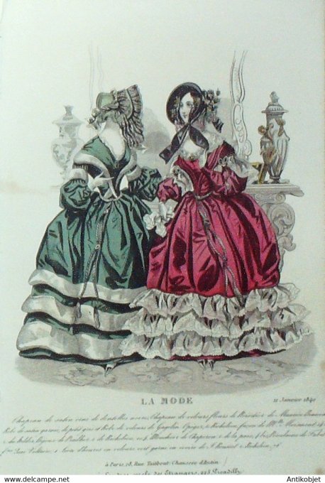 Gravure La mode 1840 n°2 Robes de satin et velours