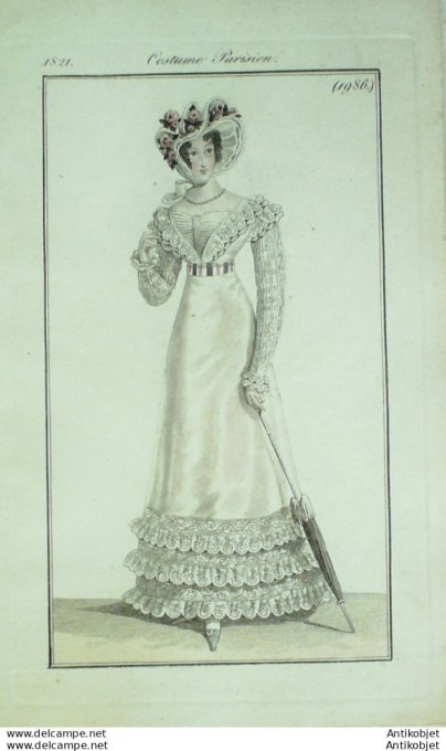 Gravure de mode Costume Parisien 1821 n°1986 Robe mousseline garnie