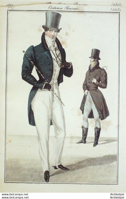 Costume Parisien 1827 # 2503 Redingotes habit de drap pantalon Nankin