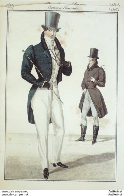 Gravure de mode Costume Parisien 1827 n°2503 Redingotes habit de drap pantalon Nankin