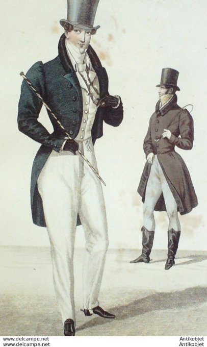 Gravure de mode Costume Parisien 1827 n°2503 Redingotes habit de drap pantalon Nankin