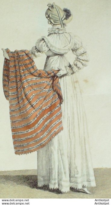 Gravure de mode Costume Parisien 1810 n°1070 Pélerine à capuchon