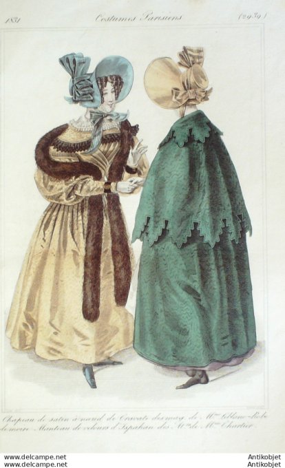 Gravure de mode Costume Parisien 1831 n°2939 Manteau de velours d'Ispahan