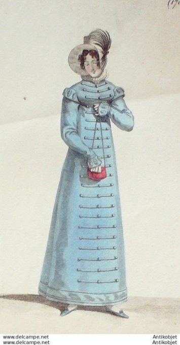 Gravure de mode Costume Parisien 1818 n°1701 Robe à guimpe & brandebourgs