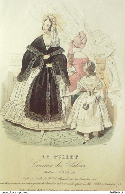 Gravure Mode Le Follet 1841 # 642 (aquarelle Old Fashion plate)