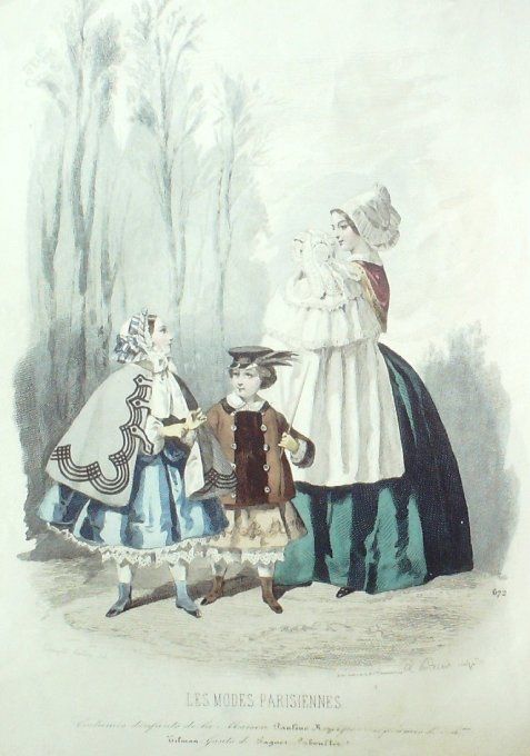 Gravure Les Modes Parisiennes 1851 # 672 Costumes enfants Maison Royer