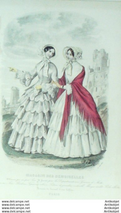 Gravure Mode Magasin Demoiselles 1850 #  6 (aquarellee Old Fashion plate)