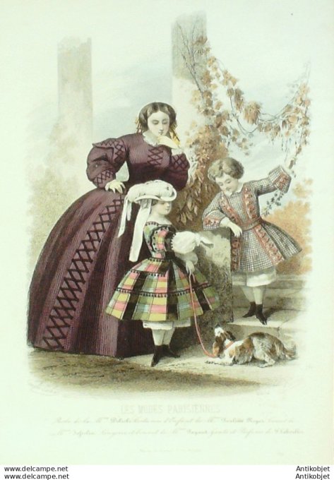 Gravure Les Modes Parisiennes 1858 # 769 Costumes enfants Maison Delisle Chien