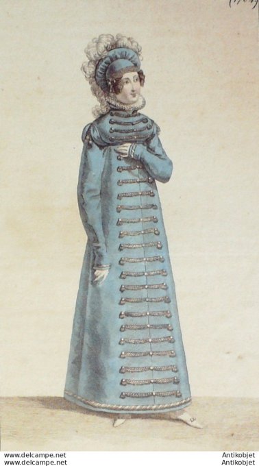 Gravure de mode Costume Parisien 1818 n°1704 Toque velours & Brandebourgs