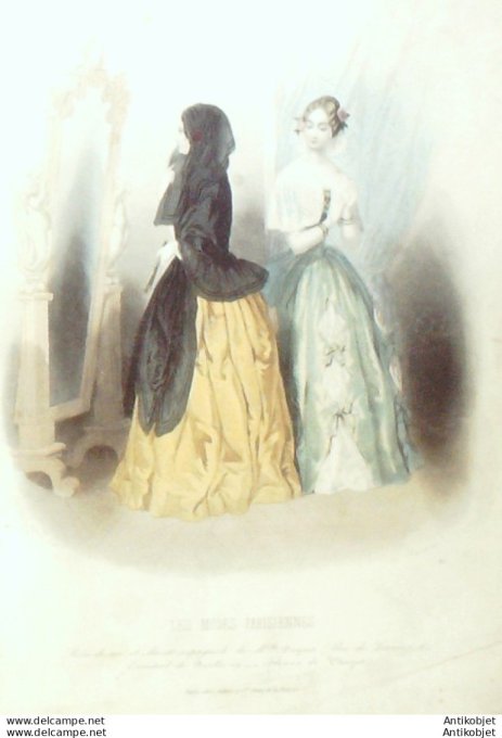 Gravure de mode Les modes parisiennes 1844 n°  83 Robes de soie (Maison Duguet)