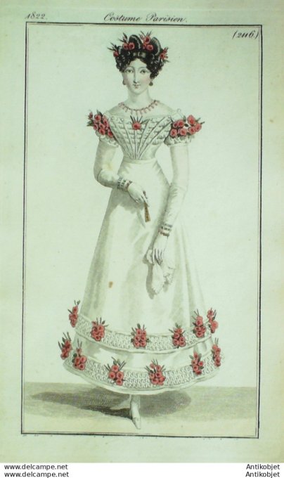 Gravure de mode Costume Parisien 1822 n°2116 Robe de tulle ornée de bouillons