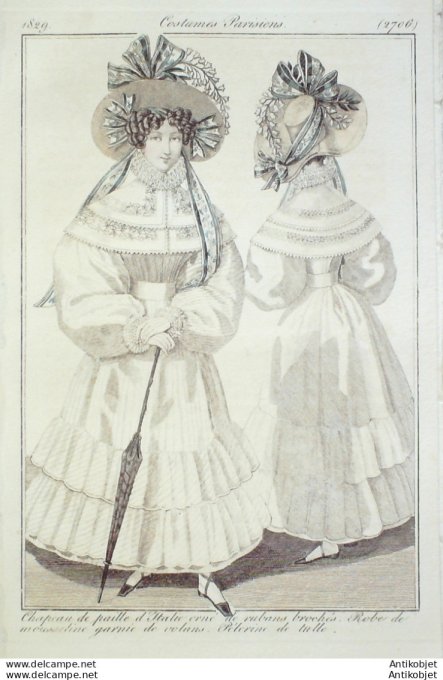 Gravure de mode Costume Parisien 1829 n°2706 Robe mousseline Pélerine