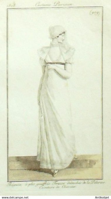 Costume Parisien 1808 # 909 (eau forte) Béguin plis gauffrés