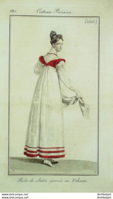 Gravure de mode Costume Parisien 1815 n°1526 Robe de satin & velours