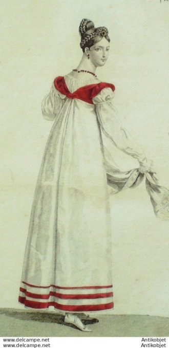 Gravure de mode Costume Parisien 1815 n°1526 Robe de satin & velours