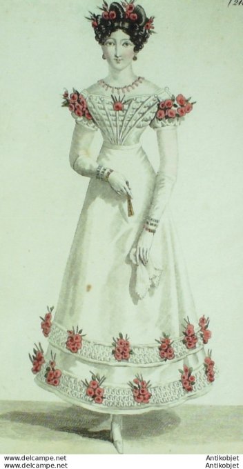 Gravure de mode Costume Parisien 1822 n°2116 Robe de tulle ornée de bouillons