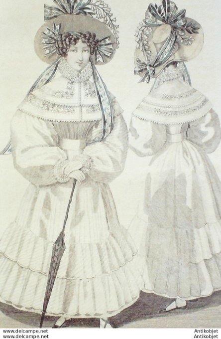 Gravure de mode Costume Parisien 1829 n°2706 Robe mousseline Pélerine