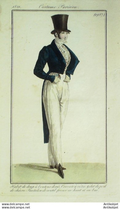 Gravure de mode Costume Parisien 1821 n°1987 Habit de drap & poil de chèvre