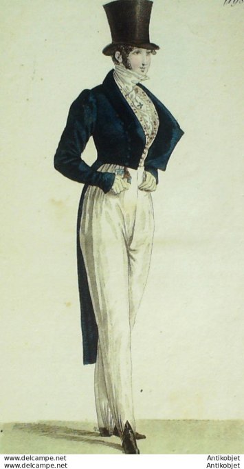 Gravure de mode Costume Parisien 1821 n°1987 Habit de drap & poil de chèvre