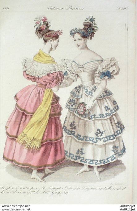 Gravure de mode Costume Parisien 1831 n°2941 Robe à la Taglioni en tulle