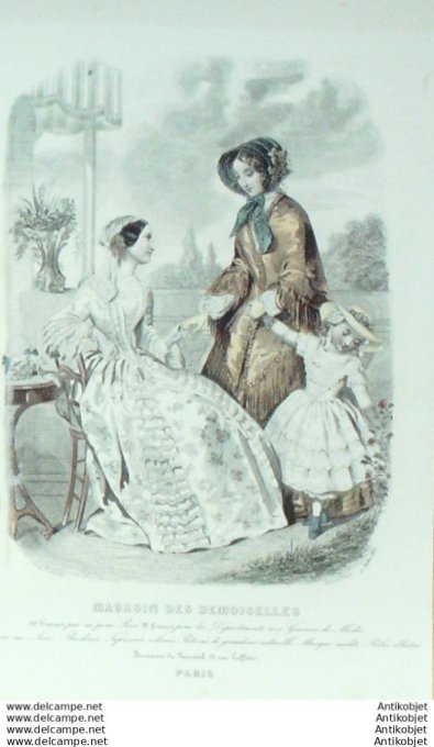 Gravure Mode Magasin Demoiselles 1850 #  7 (aquarellee Old Fashion plate)