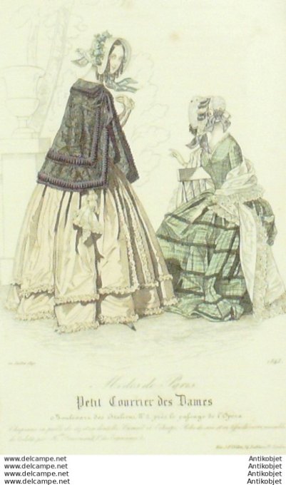 Gravure Mode Courrier des Dames 1842 # 1848 (eau forte old Fashion plate)