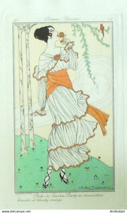 Gravure Costume Parisien 1914 #159 Dammy (eau forte) Robe mousseline Garden-Party